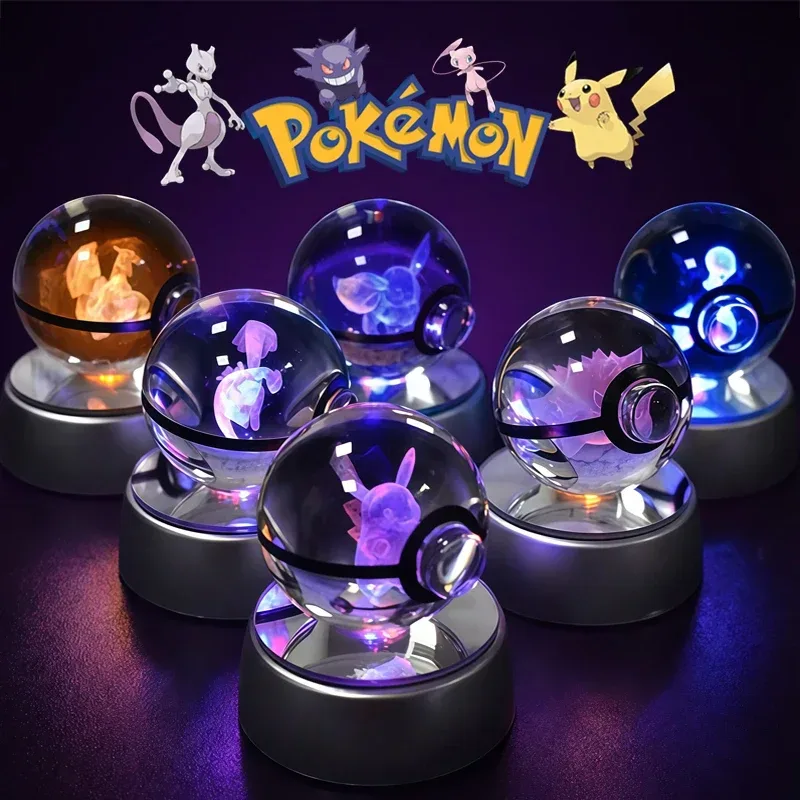 Pokemon Kristallkugel 3D Mewtwo Pikachu Gengar Pokeball 3D Nachtlicht Lampe Glas-Statue Pokemon Kristallkugel Geburtstagsgeschenk