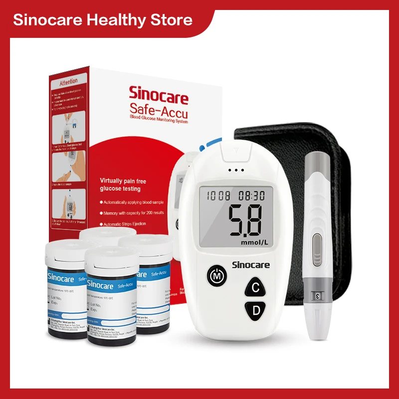 Sinocare Safe-Accu Blutzuckermessgerät Glucometer Kit 10s Testzeit Blutzuckermessgerät 50/100 Streifen für Glucometer mit Lanzetten