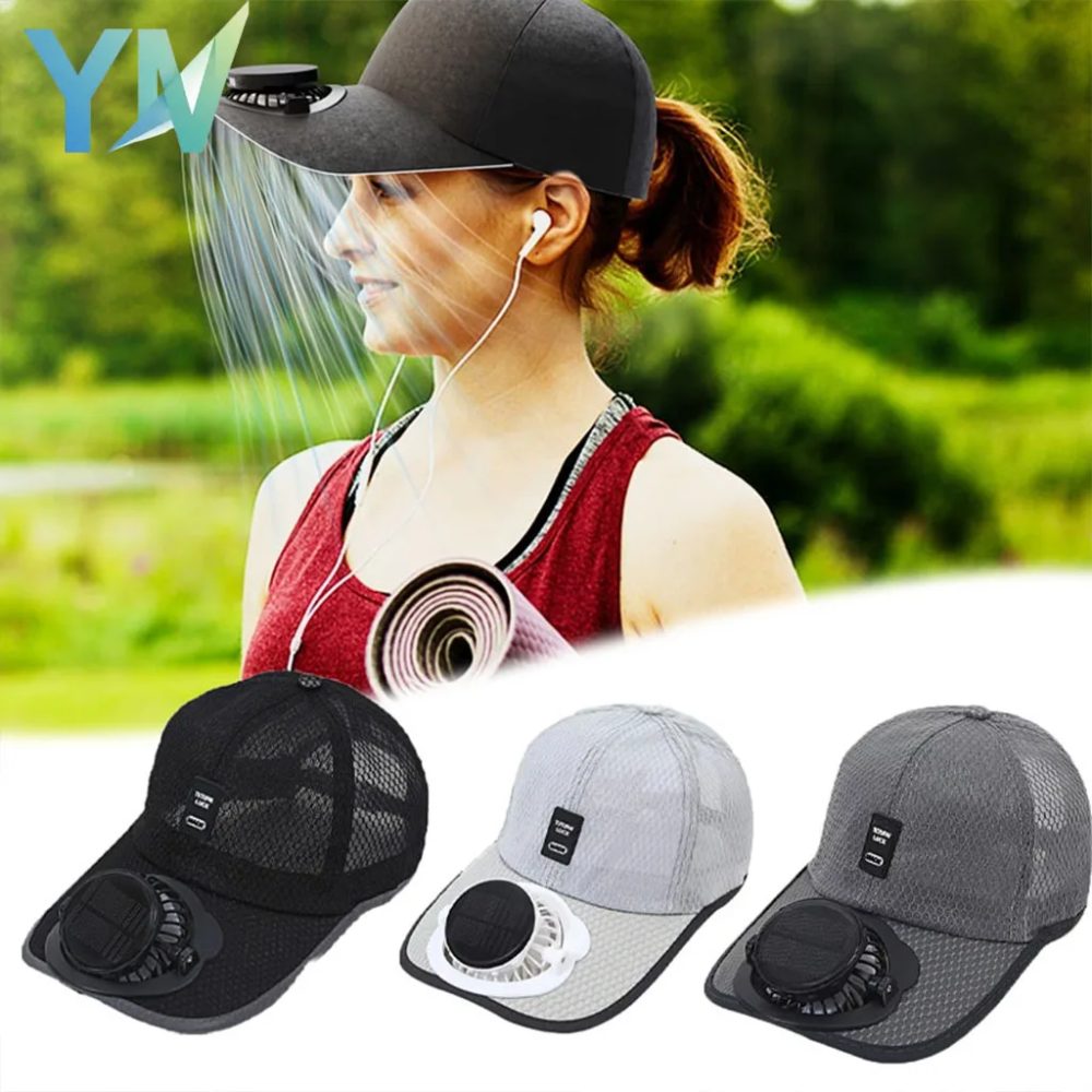 Solarbetriebene Kappe mit Ventilator, Sommer-Baseballmütze aus atmungsaktivem Mesh mit Sonnenschutz für Herren, wiederaufladbare USB-Kühlkopfbedeckung