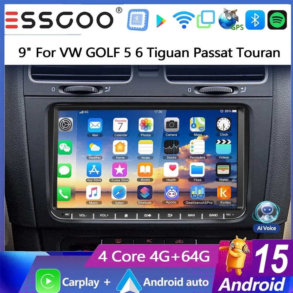 ESSGOO 9-Zoll Android 15 4+64G Autoradio für Seat/Skoda/VW Golf 5 6 Passat Polo Touran Tiguan Rabbit Sharan Caddy EOS T5 mit Wireless Carplay, Android Auto, GPS-Navigation, RDS, FM, WLAN, Bluetooth,