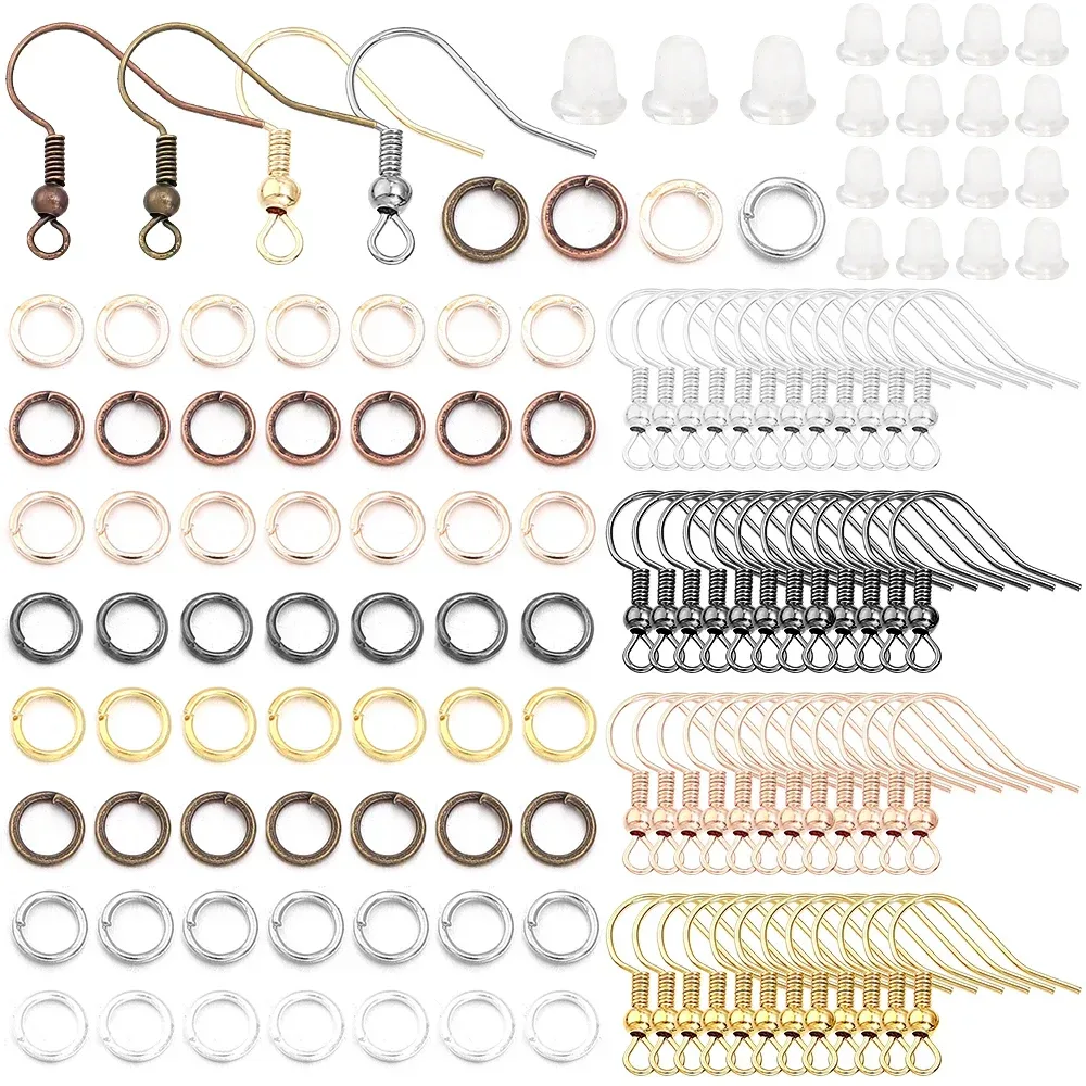 300 Stück/Set Metall-Ohrringhaken-Set, mehrfarbige Ohrhaken, Fischhaken, offene Biegeringe, Ohrstöpsel für DIY-Ohrringe, Schmuckherstellungsset