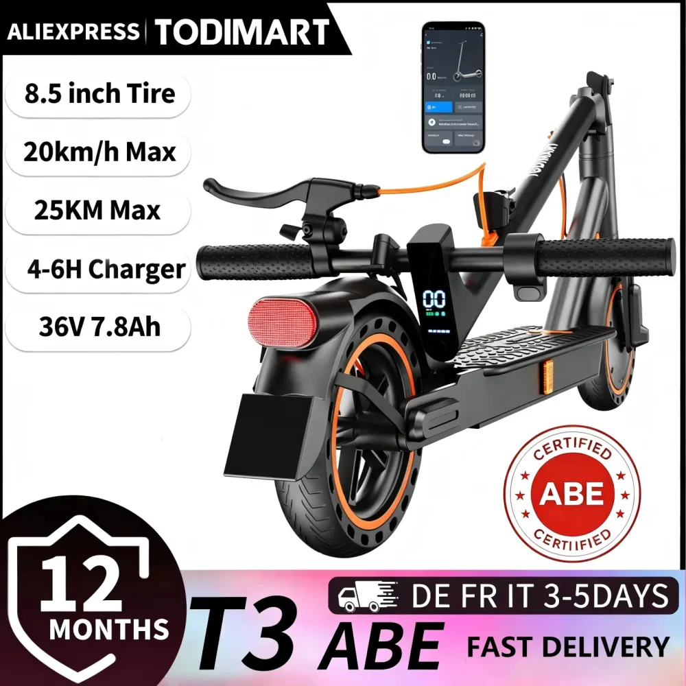 TODIMART T3ABE e scooter mit straßenzulassung, 36V 7.8Ah 20-30KM Reichweite Scooter, 20KM/H, 8,5-Zoll-Vollgummireifen, faltbar, Smart-App-Steuerung, elektroroller erwachsene