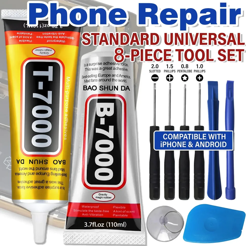B7000 Universal-Haftvermittler für Handy-Displays, Klebstoff T7000 Superkleber schwarz, extra stark, Reparaturwerkzeug für Handys, Demontage- und Reparaturset für iPhone, Kombischraubendreher,