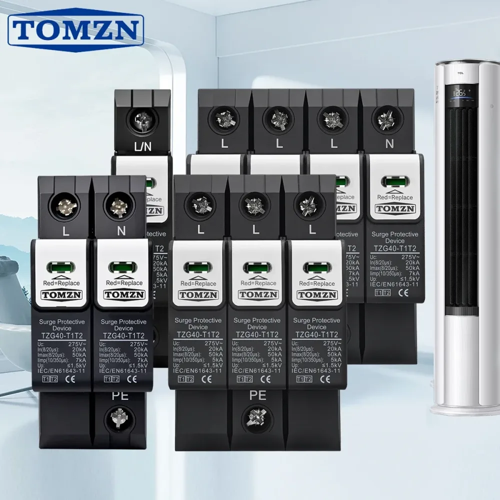 TOMZN 10/350?s 7kA TZG40-T1T2 Neuer Typ 275V 385V AC 8/20?s 20-50kA Steckbarer DIN-Schienen-Überspannungsschutz Blitzschutzgerät
