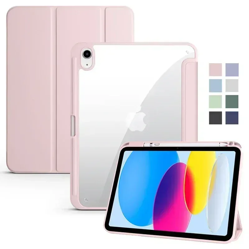 Hülle für iPad 10. Generation mit Stifthalter, dreifach faltbar, Acryl, transparente Rückseite, Hartschale, für iPad 10.2, 9.7, Air 11, 5, 4, iPad 11, A16, 10, 9