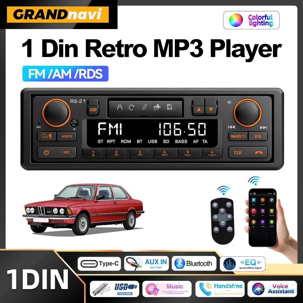 1DIN Retro Autoradio MP3-Player Stereo Bluetooth FM AM RDS Unterstützung QC3.0 Für Porsche VW Benz BMW Land Rover Audi Alfa Romeo
