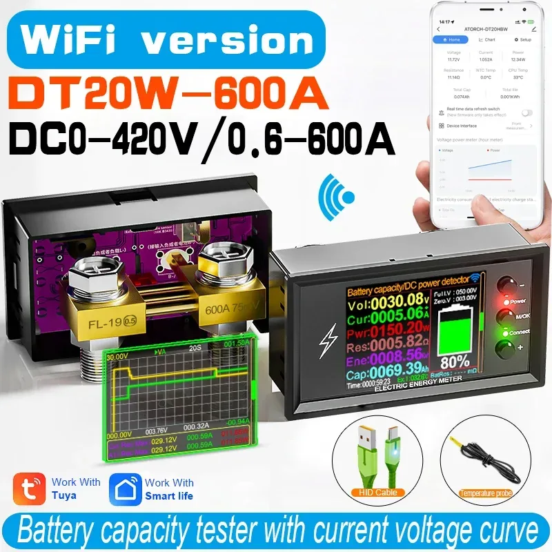 DC 0-420V Tuya WiFi Smart Lithium-Batterie Kapazitätsdetektor DC Digital-Anzeige Strom-Spannungs-Coulomb-Leistungsmesser DT20W
