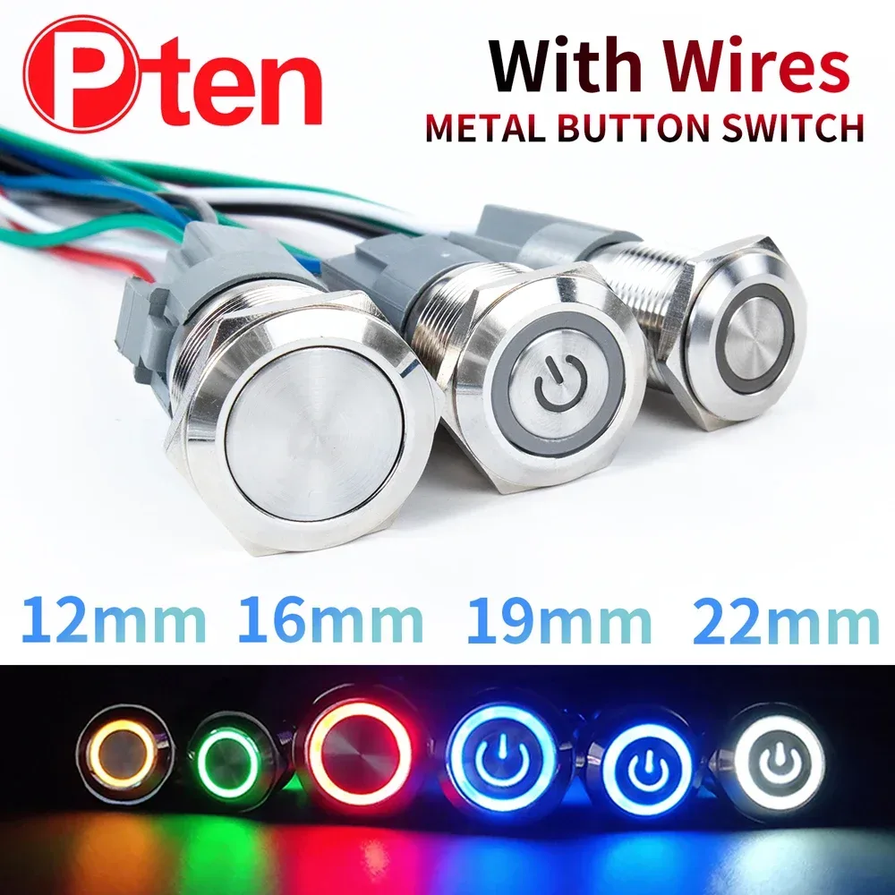 12 16 19 22mm Wasserdichter Metall-Druckknopfschalter mit Kabel, LED-Ring/Leuchtanzeige, Momentan/Verriegelnd, 5/12/24/220V Silber 1NO1NC