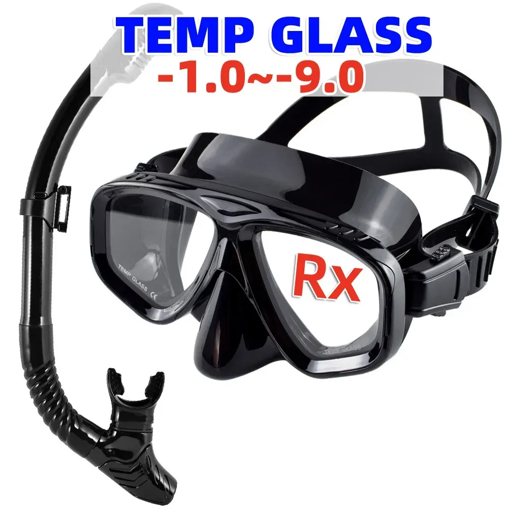 Optische Myopie-Tauchmaske, Schnorchel-Set, gehärtetes Glas, Trockenoberteil, Schwimmbrille, kurzsichtige Gläser, kurzsichtig