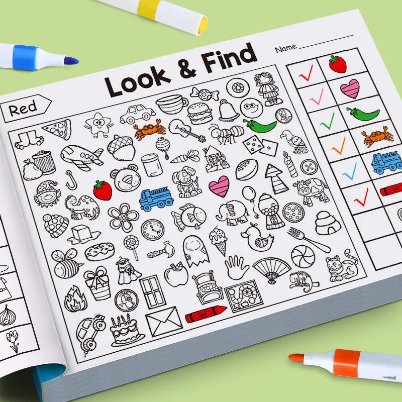 Kindersuchspiel für Gegenstände, verbessert die visuelle Wahrnehmung, lustiges Malbuch, Fokus und Aufmerksamkeit, Handschrift-Übungsbuch