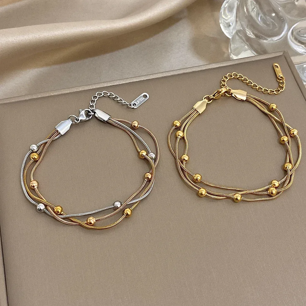 Stilvolles verstellbares Armband aus Edelstahl in Gold und Silber für Damen, elegante mehrschichtige Wickelarmbänder mit Perlen, Party-Schmuck