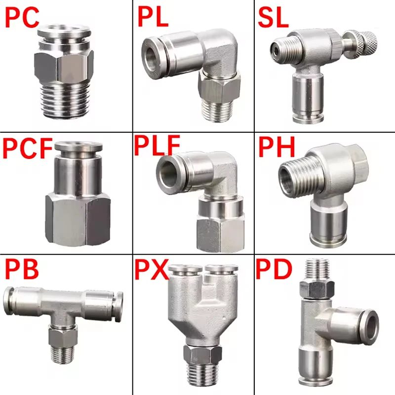 Schnellverschluss-Pneumatikverbinder aus 304 Edelstahl PCF PL PLF SL PC PB 1/8 1/4 1/2 BSP Steckbare Schlauchanschlüsse
