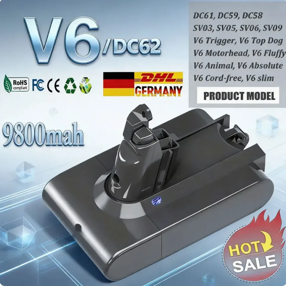 21,6V 6,8Ah Staubsauger-Akku für Dyson V6 Akku DC62 DC59 DC58 SV03 SV04 SV09 Animal Motorhead V6 Absolute V6 Fluffy