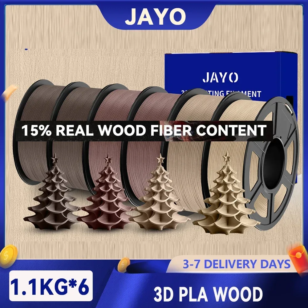 JAYO 6 Rollen 3D-Holz-PLA-Druckerfilament, 1,75 mm, 15 % echte Holzfaser und umweltfreundliches HOLZ, passend für die meisten FDM-3D-Drucker