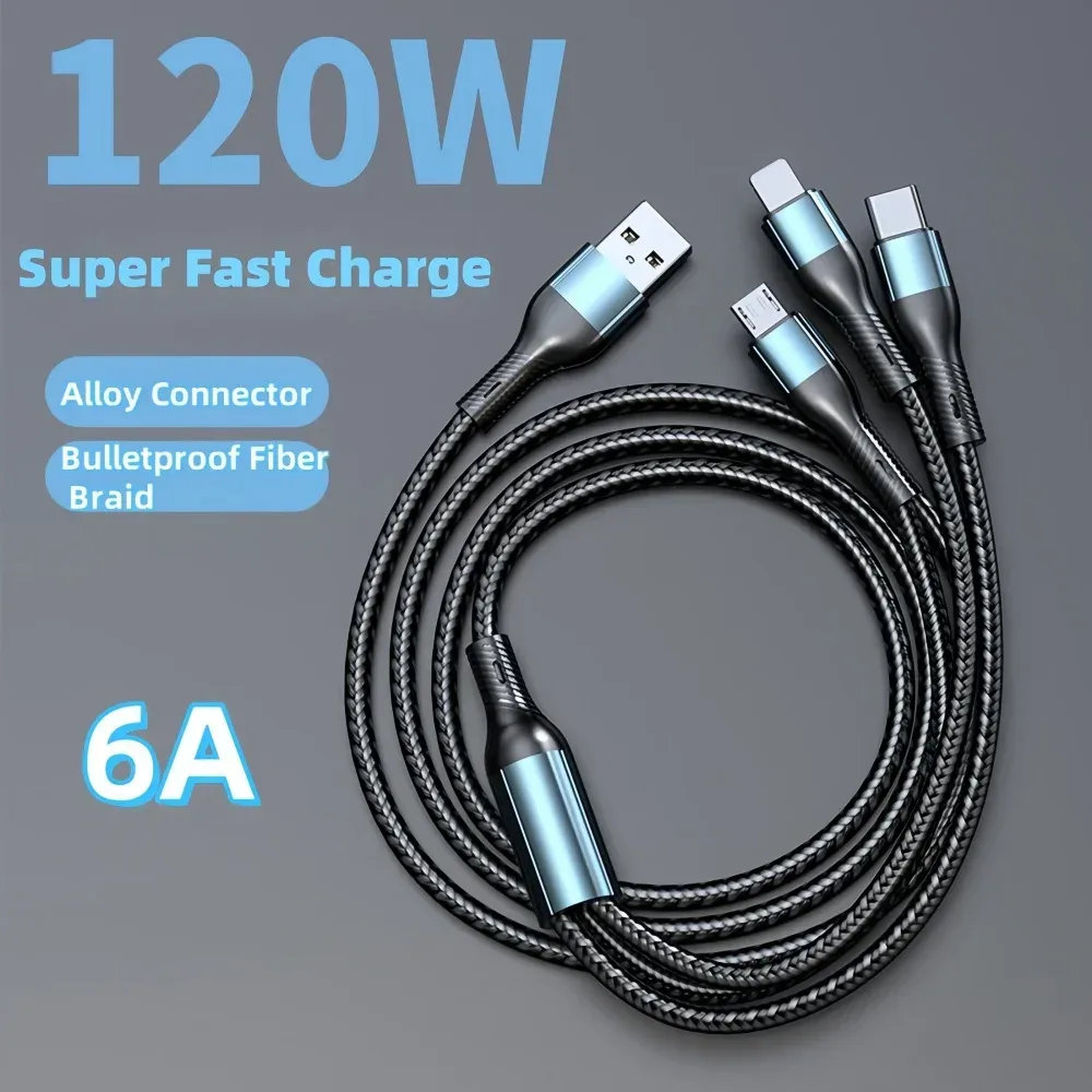6A 120W 3-in-1 USB Typ-C Kabel, schnelles Ladekabel für iPhone, Samsung, Xiaomi, Huawei, Quick Charge Micro-USB-Kabel