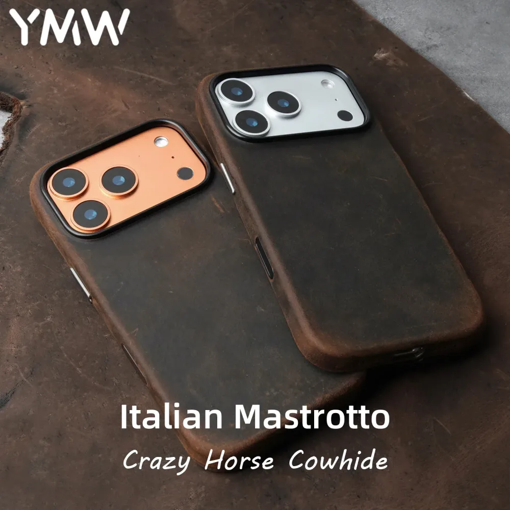 YMW Italienische Crazy Horse-Echtledertasche für iPhone 17 16 Pro Max 15 14, Persönlichkeit, Rindsleder, magnetische Handyhülle