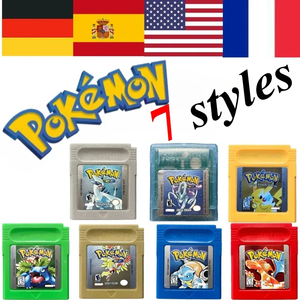7 Pokémon 16-Bit GBC Spielmodule in Rot, Blau, Grün, Gold, Silber, Kristall, Französische/Spanische/Deutsche/Englische Version