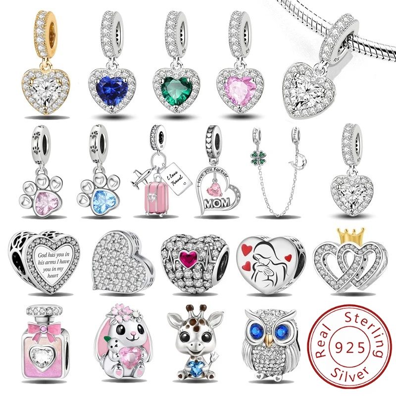 925 Sterling Silber Anhänger Zirkon Pfote Rotes Liebesherz Charms Perlen Passend für Original Armband Armreifen DIY Feiner Schmuck für Frauen