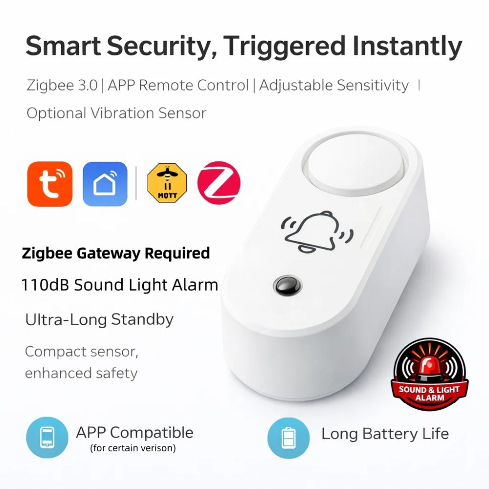 Zigbee Sirenenalarm Smart Home Vibrationssensor Erkennung Sicherheitsalarm TUYA Smart Life & Zigbee 2mqtt Version Kompatibel mit Gateway