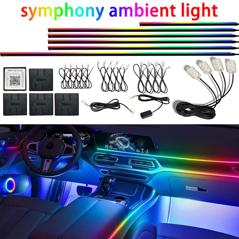 18-in-1 Vollfarbige Streamer-Auto-Ambientebeleuchtung RGB 64 Farben Universelle LED-Innenbeleuchtung Versteckte Acryl-Streifen Symphonie-Atmosphärenlampe