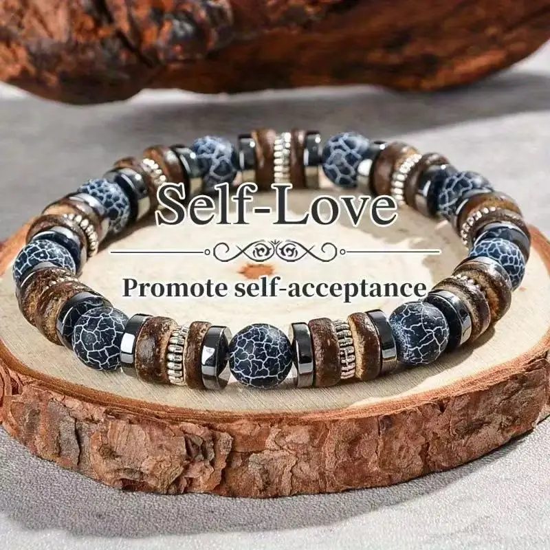 Verwittertes Achat-Armband für Herren, Naturstein, Holz, Outfit, sportlicher Vintage-Schmuck, Szene, Modeaccessoires
