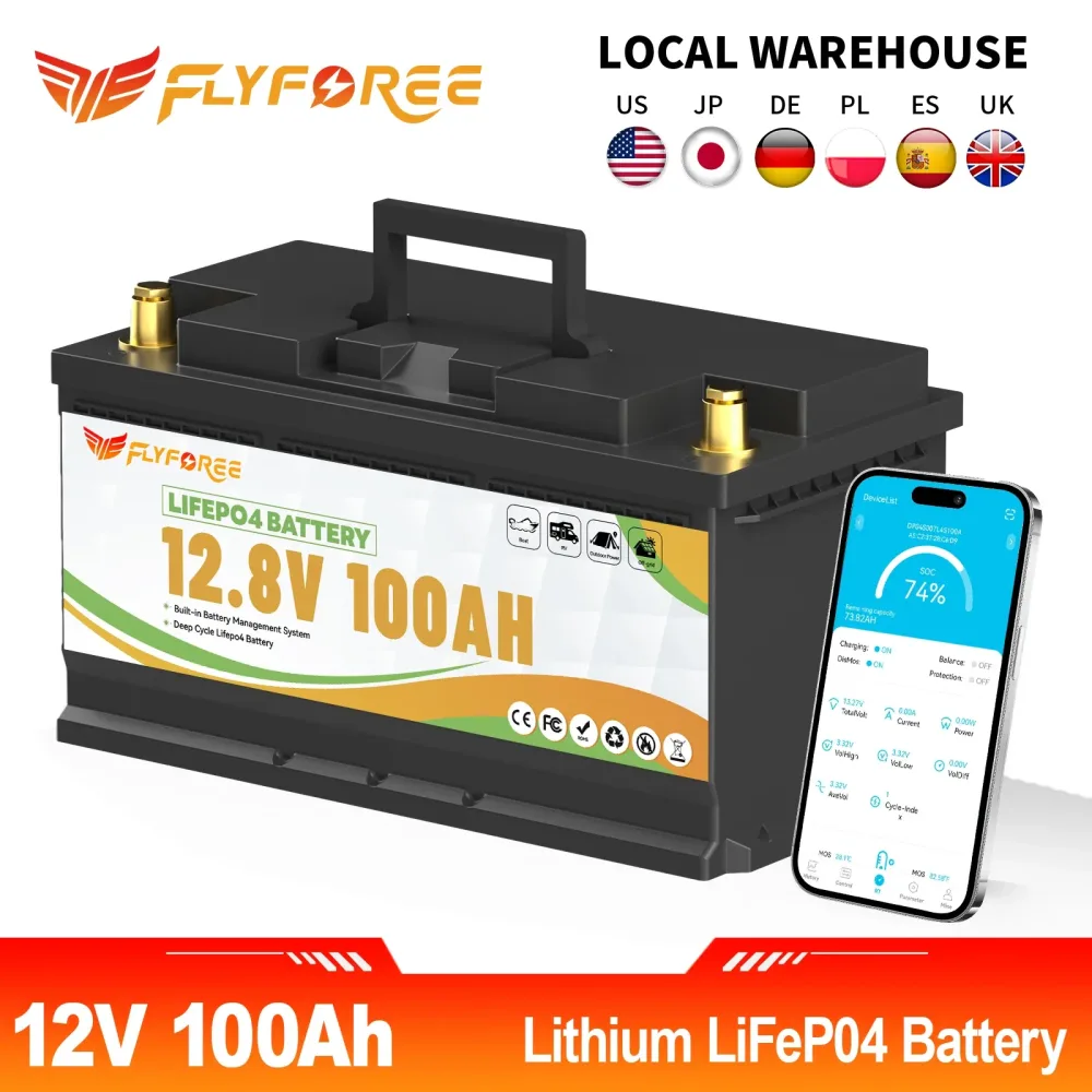 FLLYROWTH 12V 100Ah LiFePo4 Lithium-Batteriepack mit Bluetooth 100A BMS für Wohnmobil, Boot, Motor, Wechselrichter, Solar, Wind, Offroad, netzunabhängige Anwendungen LiFePO4 Batterie