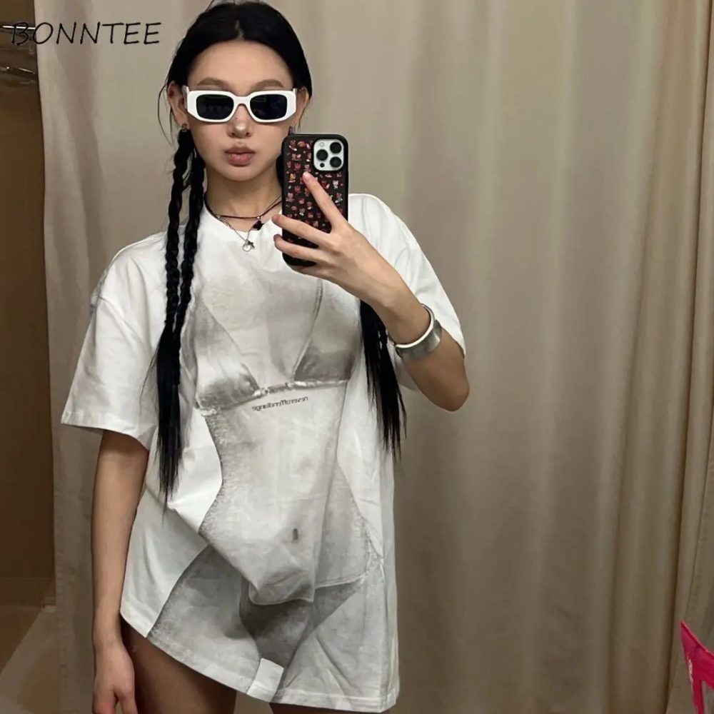 Weiße T-Shirts für Damen, sexy Bikini, bedruckt, Sommer, lockere Passform, kurze Ärmel, amerikanischer Stil, schick, Streetwear, heiße Mädchen, Freizeit, stilvoll