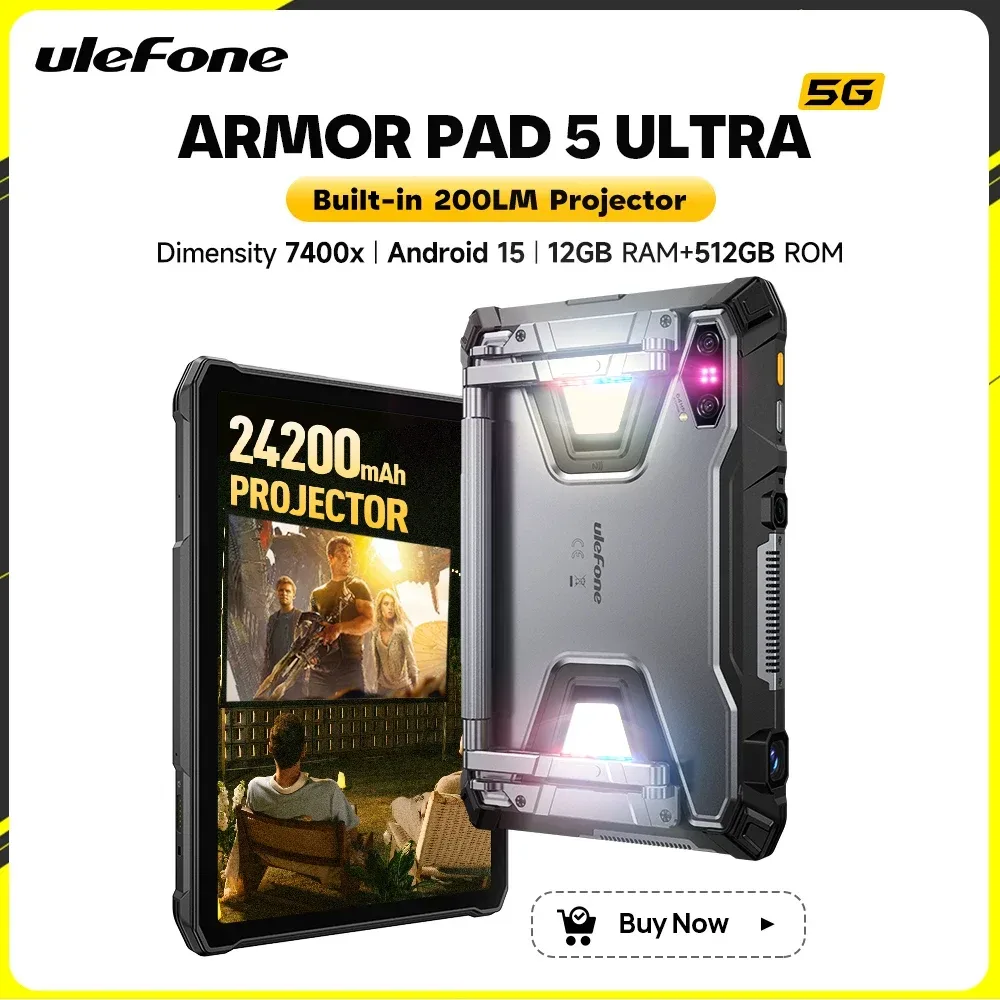 Ulefone Armor Pad 5 Ultra 5G Robustes Tablet mit Projektor, 24200mAh Akku, 120W Blitzladung, Dimensity 7400x, 12GB RAM, 512GB ROM