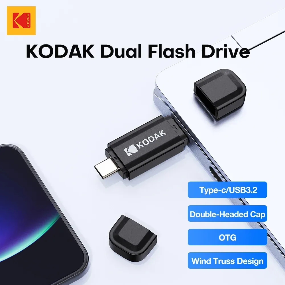KODAK K143D Dual-USB-Flash-Laufwerk USB 3.2 + Typ-C 32GB 64GB 128GB 256GB Metall-OTG-Speicherstick für Laptop und Smartphone