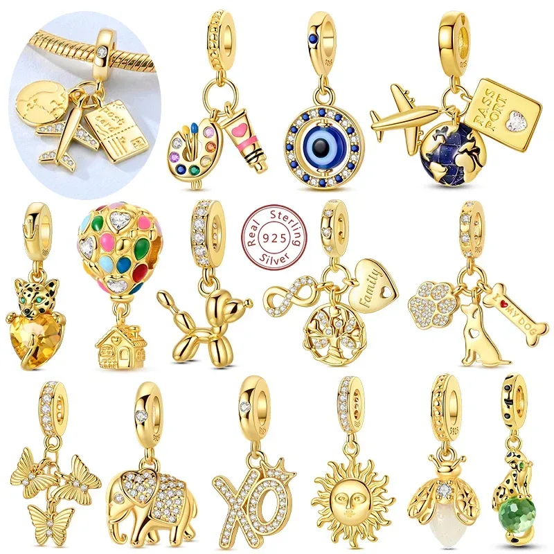 Original-Charm-Perlenanhänger aus 925er Silber, Gold, Serie Schmetterling, Glühwürmchen, Erde, Flugzeug, passend für Armbänder, Armreifen, Damenschmuck, Geschenk