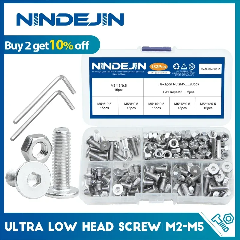 Nindejin Ultra Low Profile Kopfs ch raube Set m2, 5 m3 m4 m5 Edelstahl Sechs kant buchse flache dünne Wafer kopfs ch rauben mit Muttern Kit