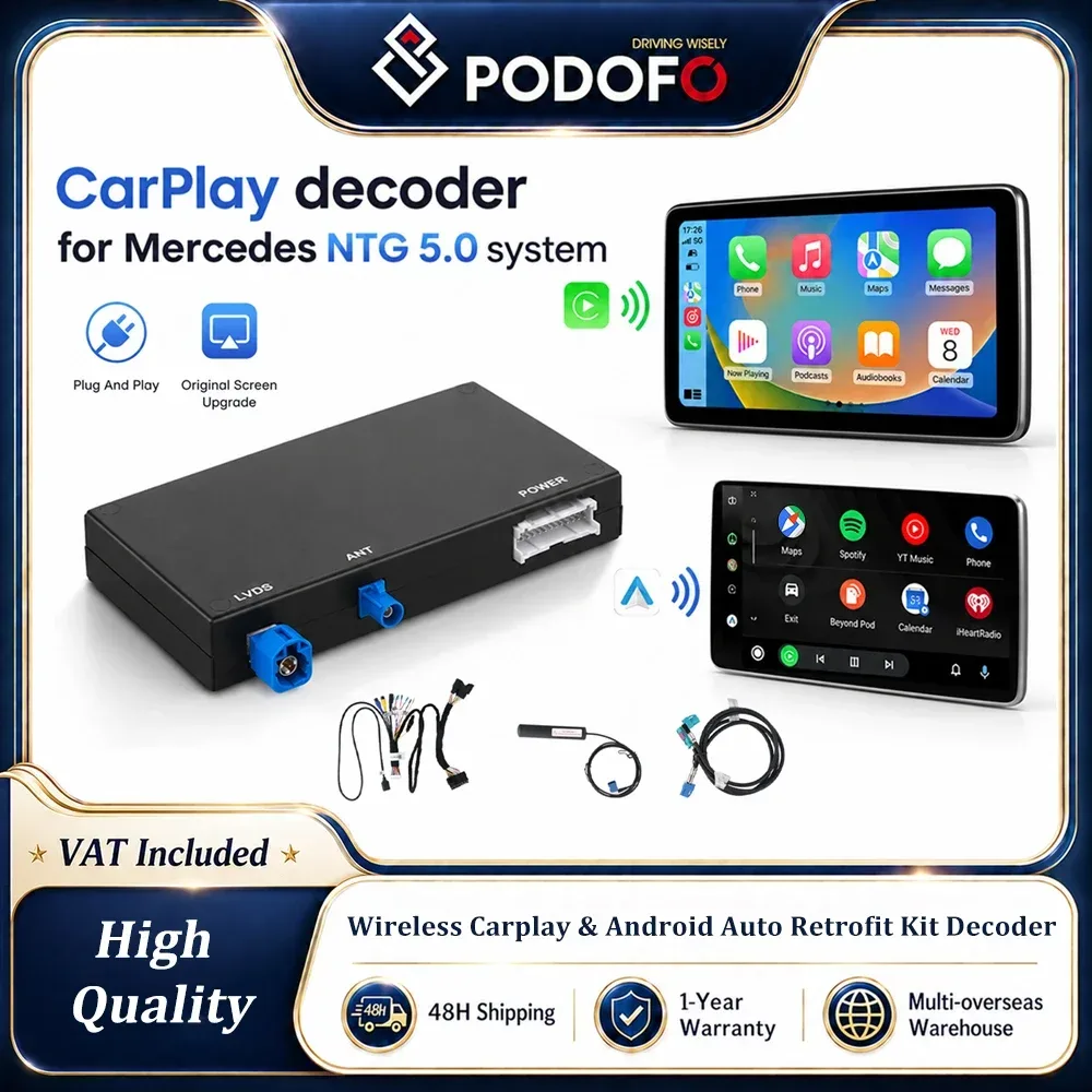 Podofo Kabelloses Carplay & Android Auto Nachrüstkit Decoder für Benz NTG5.0/5.1/5.2 C-Klasse W205 GLC 2015-2019 Jahrgänge, Nachrüstkit Decoder mit Unterstützung für Rückfahrkamera