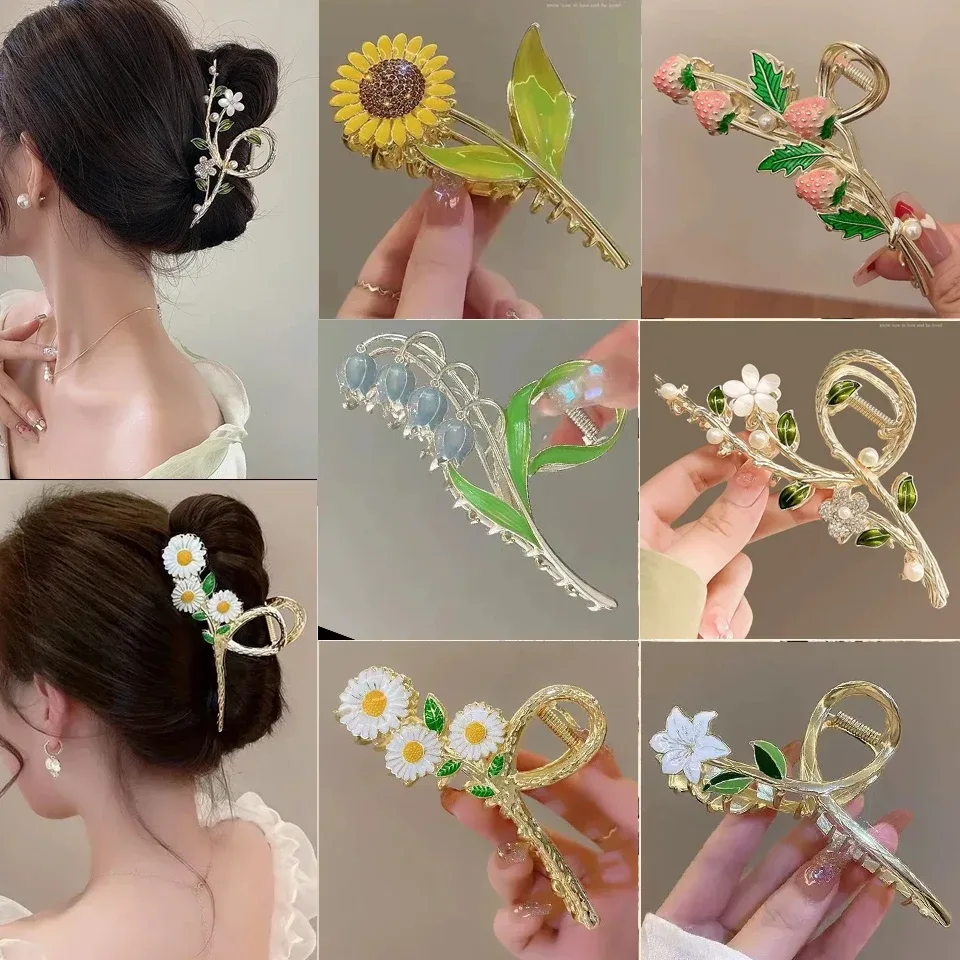Koreanischer Stil Blumen-Perlen-Haarklammer Große Metall-Haifischklammer Elegante Damen-Haarspange für den Hinterkopf Modische Haaraccessoires