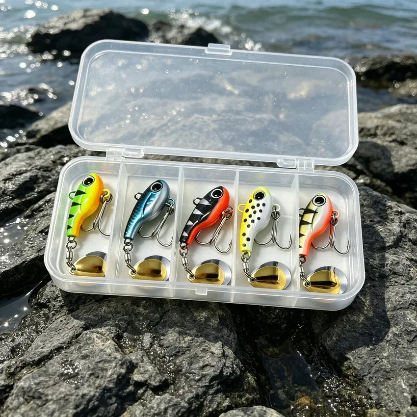 5 teile/schachtel Metall Vib Angeln Locken Mit Löffel Pailletten Für Forelle Fliegen Angeln Langlebige Metall Konstruktion Geeignet Süßwasser Angeln