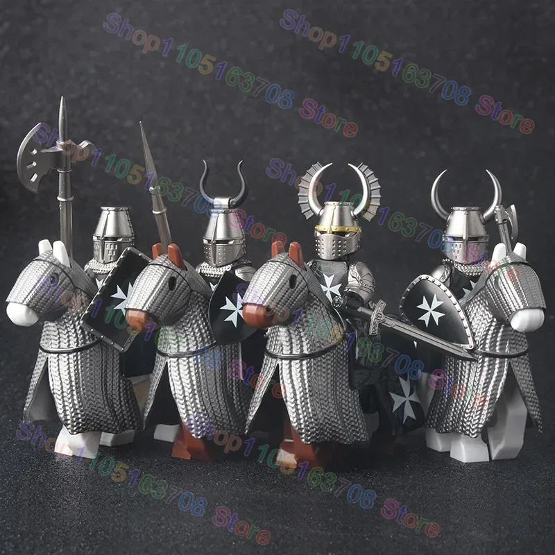 MOC Mittelalterliche Militär Kreuzritter Ritter Bausteine Schloss Armee Soldat Figur Pferd Halterung Schild Schwert Zubehör Ziegel Spielzeug
