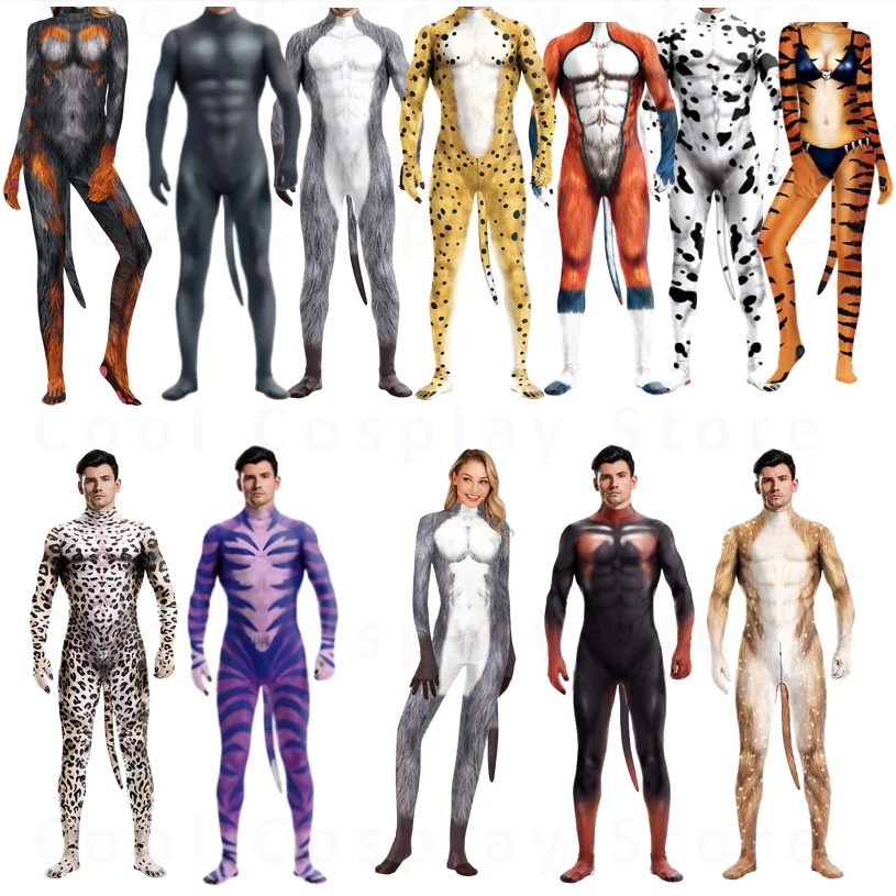 Halloween-Kostüm für Erwachsene, Herren, Wildtier-Cosplay-Kostüm, vollständige Abdeckung, 3D-Druck, Biest, Petsuit, Overall, Body, Schwanz