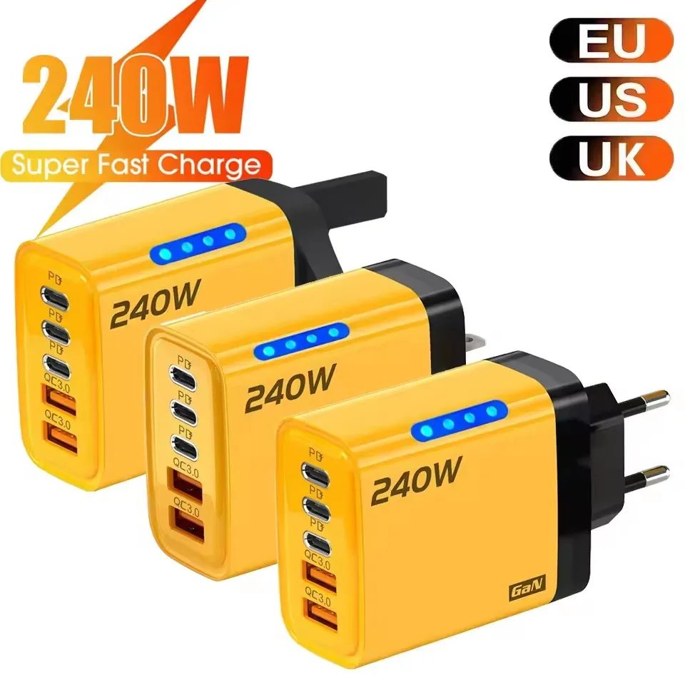 240W GaN-Schnellladegerät mit LED-Licht 5-in-1 2USB+3Type-C Multi-Port-Handy-Ladegerät für iPhone 15-17 Serie Samsung Huawei Xiaomi 15