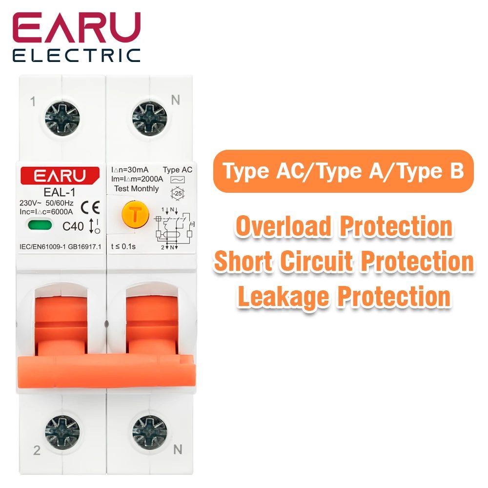 2P 30mA Typ AC A B RCBO RCCB MCB Elektronischer Fehlerstromschutzschalter Über Kurzstrom-Leckageschutz EV-Ladegerät