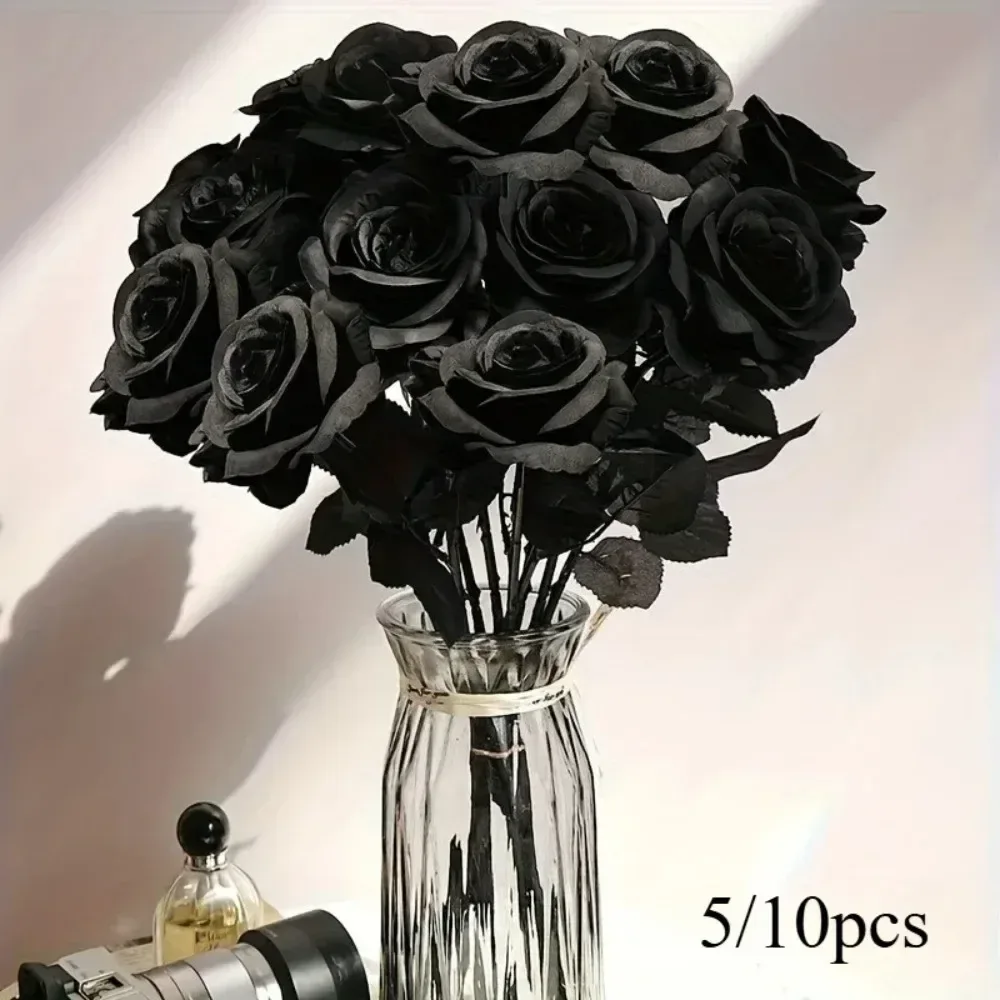 5/10 Stück künstliche schwarze Rosen für Heimdekoration, künstliche Blumen mit langem Stiel, keine Vase, Tischdekoration für Hochzeit, Halloween, Party