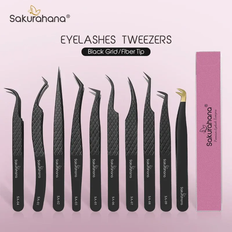SAKURAHANA Professionelle Wimpernpinzette, schwarze Faserspitze für Wimpernverlängerungen, Mega-Volumen, Nerz-Wimpern, Werkzeug, Make-up-Künstler-Set