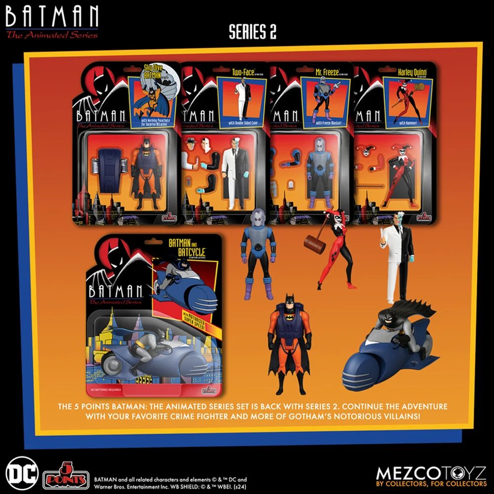 Mezco Toyz 5 Points Sky Dive Batman/Two Face/Mr. Freeze/Harley Quinn/Batman&Batcycle 3,75-Zoll-Actionfigur-Modellpuppe (Nicht im Set)