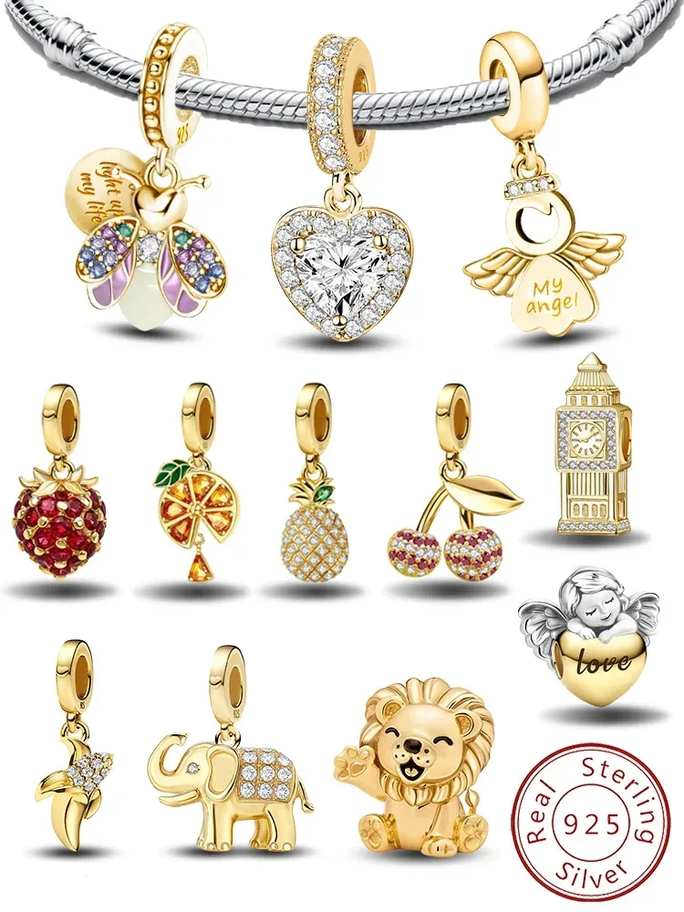 925 Sterling Silber Glühwürmchen Liebesherz Goldene Serie Charms Passend für DIY Armband Halskette Geschenk Hochwertige Feine Schmuckstücke