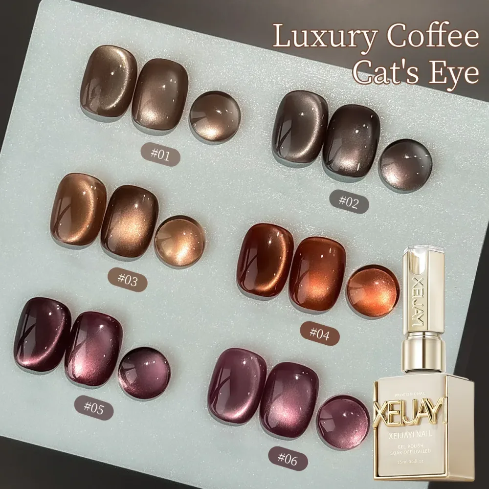 6 Stück 15 ml braune Glasperlen Katze magnetischer Nagelgelpoliermittel Ultra Shine Gold Silber Glitter Soak Off UV LED Gel Nail Art Lacke