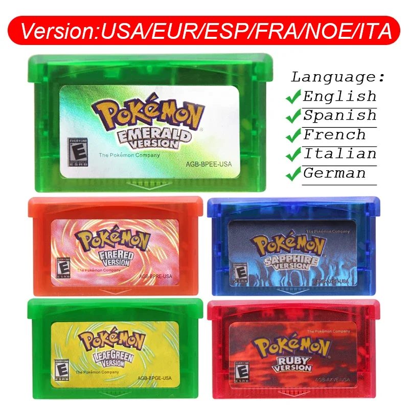GBA-Spielkassette Pokemon Emerald FireRed LeafGreen Ruby Sapphire Shiny Label Mehrsprachige 32-Bit-Videospielkonsolenkarte