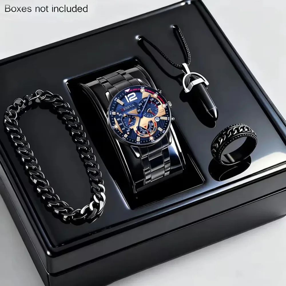 4-teiliges Luxus-Herren-Quarzuhr-Schmuckset, modisches, dekoratives Herren-Business-Uhrenset mit drei Augen und Zifferblatt, Reloj Hombre (ohne Box)