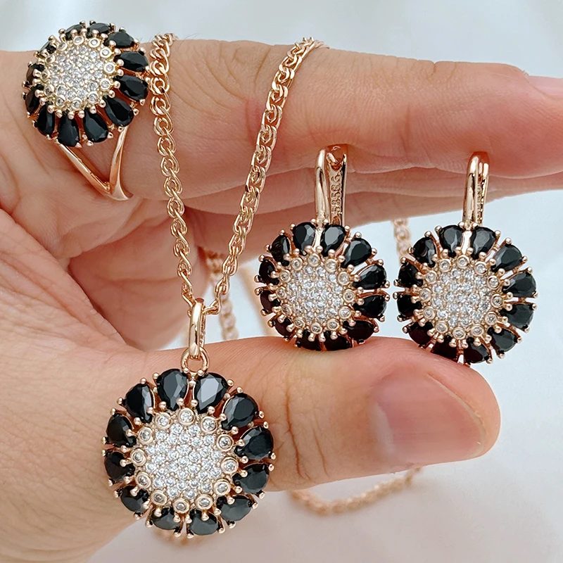 Kinel 585 Rose Gold Farbe Ethnische Vintage Frauen 3 stücke Schmuck Sets Shiny Schwarz Natürliche Zirkon Ring Ohrringe Halskette Täglichen schmuck