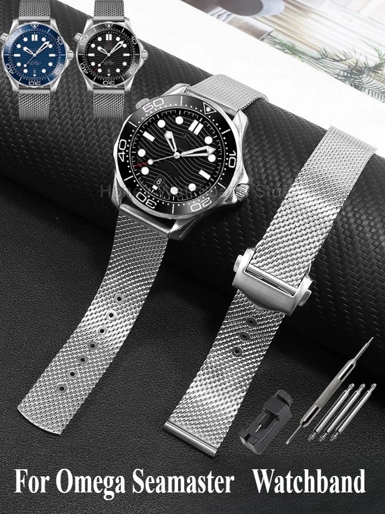 20 mm silberfarbenes Schwarz für Omega Seamaster-Uhrenarmband, Edelstahl, spezielle Schnittstelle, Faltschließe, wasserabweisend, Sport-Passform