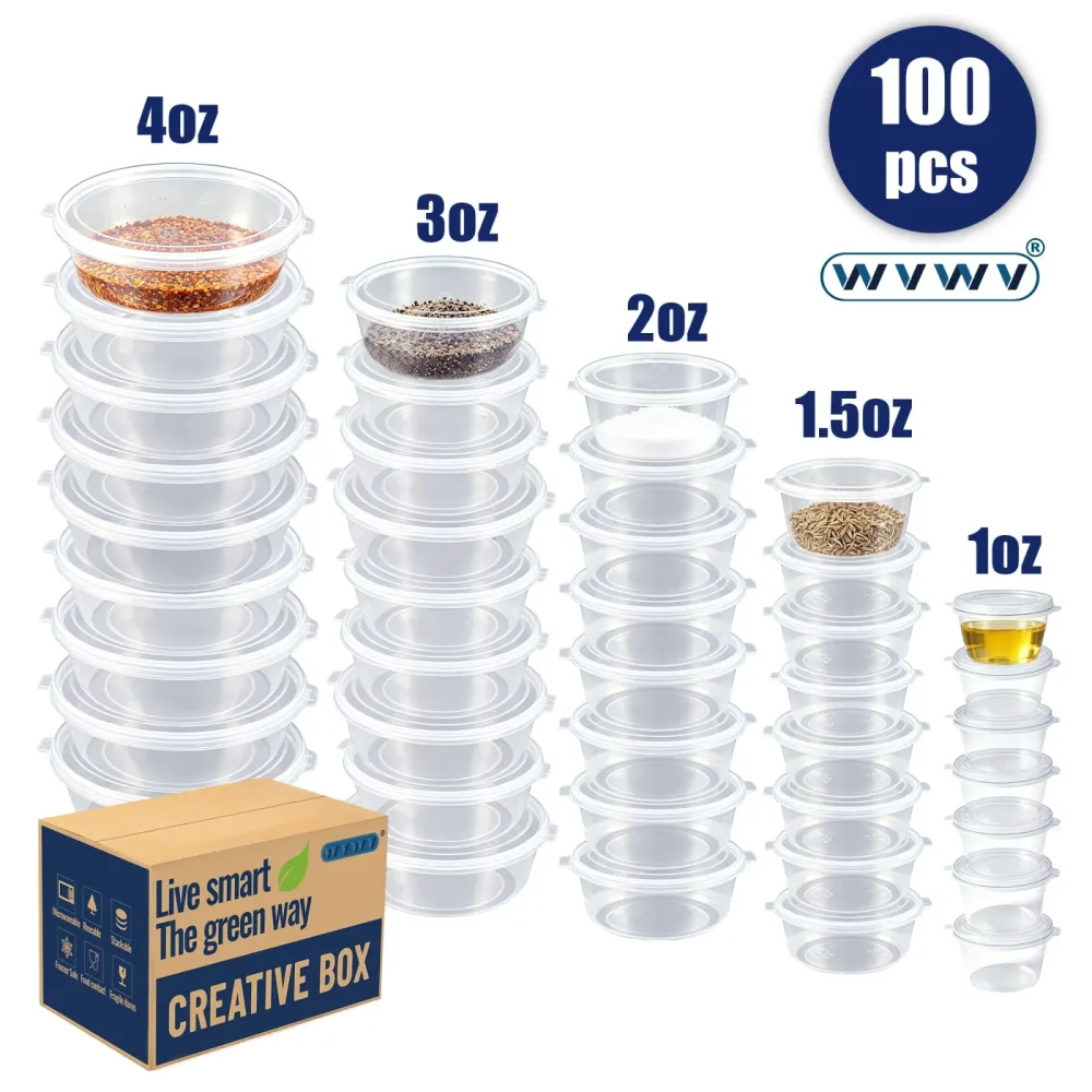 100er-Pack auslaufsichere Mini-Behälter aus Kunststoff mit Klappdeckeln, geeignet für die Aufbewahrung von Ketchup, Salatdressing, Milchshakes, für Camping im Freien, Feiertagspartys, Familientreffen