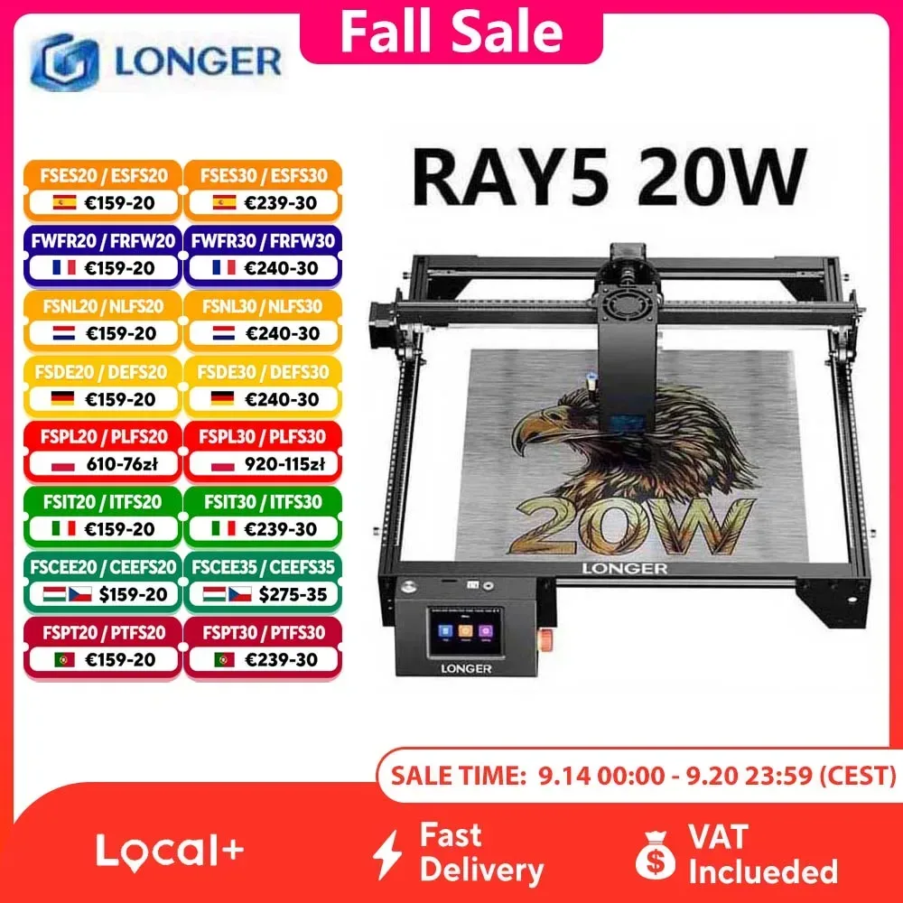 LONGER RAY5 20W Lasergravierer Touchscreen 32-Bit-Chipsatz WIFI 0,08 * 0,1 mm Laser-Punkt-Gravur-Schneidemaschinenbereich 375 * 375 mm
