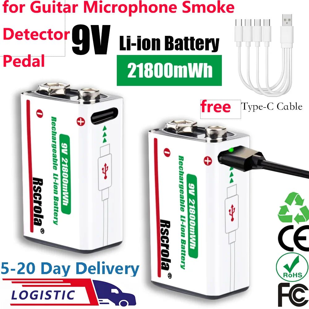 Rscrola 21800mWh 9V Lithium-Akku mit USB-Ladekabel für Gitarren-Aktiv-Tonabnehmer, Bass, Drahtloses Mikrofon, Pedal, Alarm